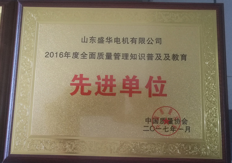 盛華電機公司資質(zhì)榮譽《先進單位》